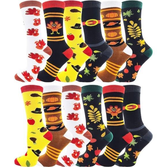 12 Pairs Autumn Socks for Women & Girls - Fall Leaves,Thanksgiving, Cute Pattern - Picture 1 of 8